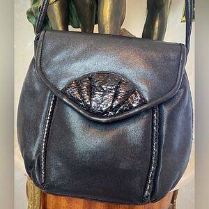 Vintage Black Leather Bag with Snakeskin details